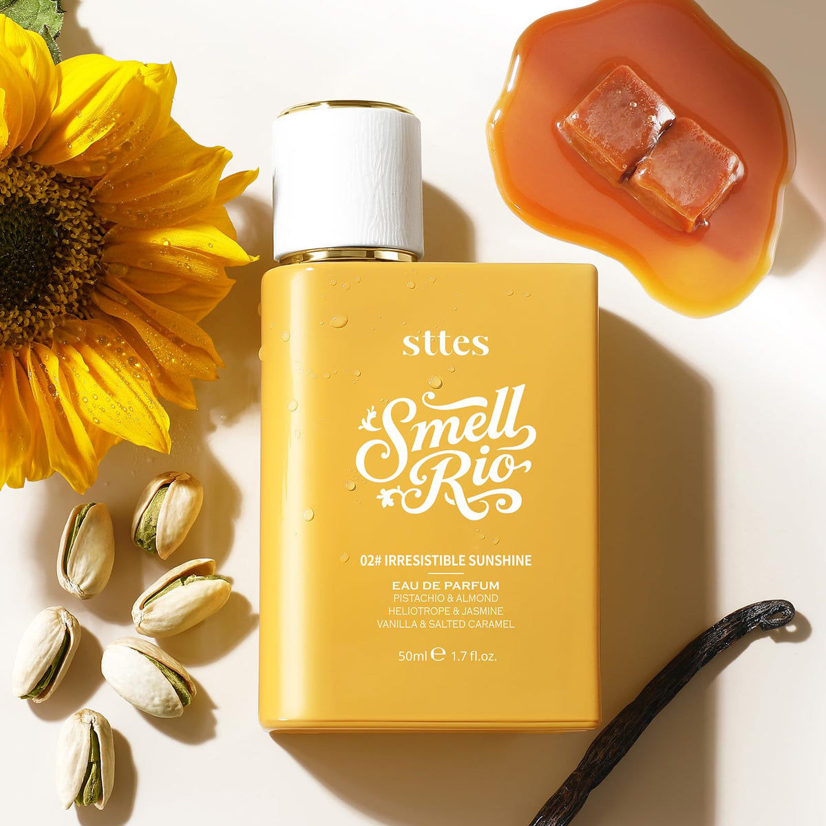 Sttes vanilla, salted caramel, sandalwood arrangement indicating warm base notes benefit: cozy finish