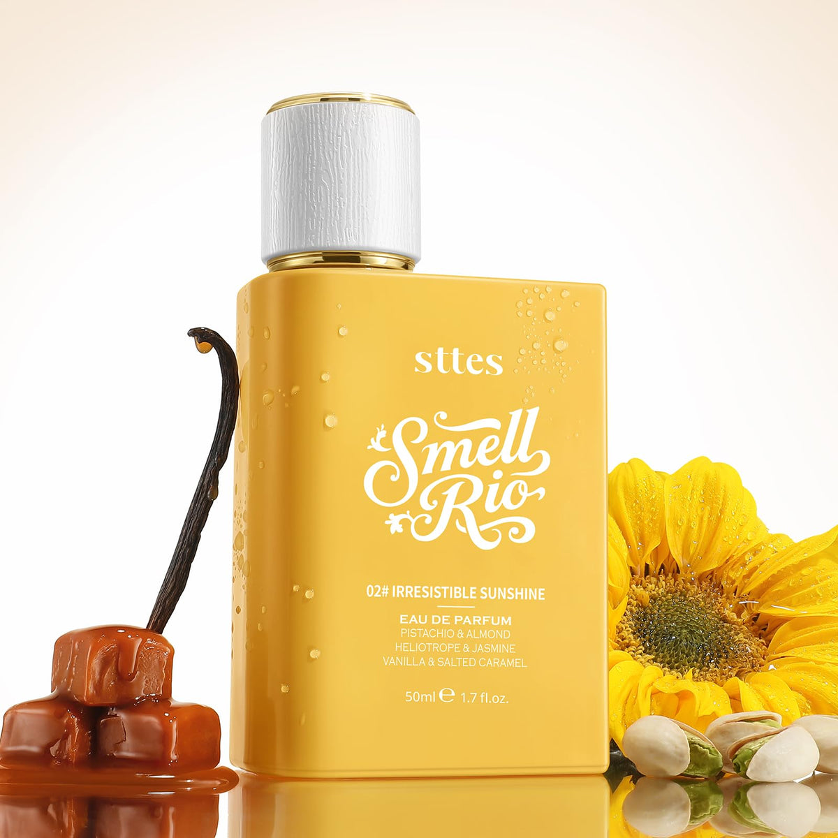 Sttes side label detail highlighting fragrance name and notes benefit: clear product information