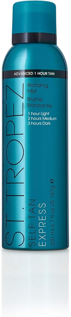 St.Tropez front view of express bronzing mist bottle showing label and spray nozzle for fast application