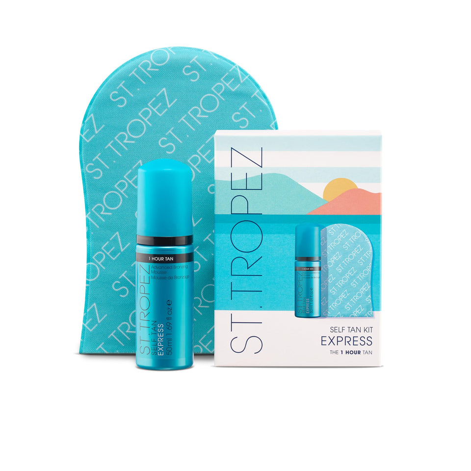 St.Tropez front packaging showing mini express mousse and mitt for travel convenience