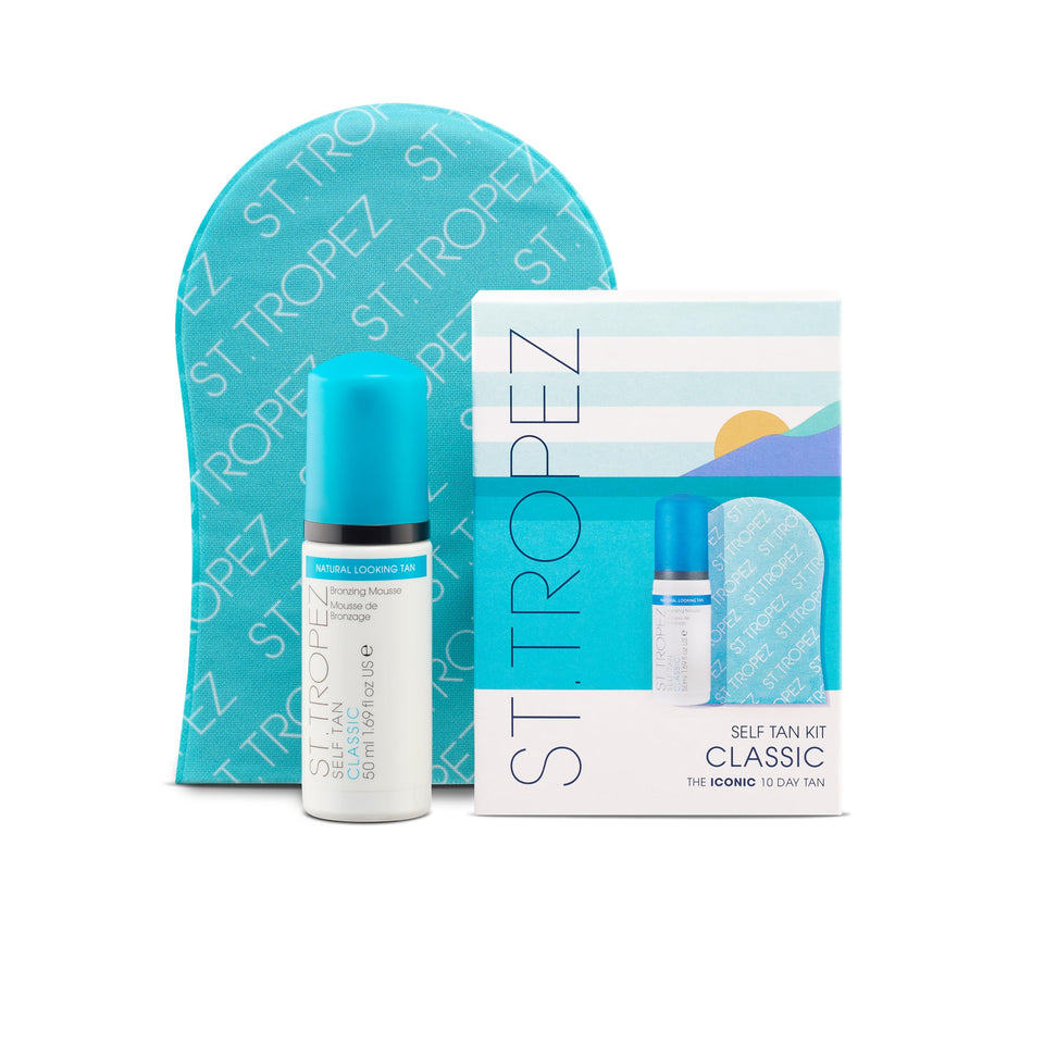 St.Tropez mini kit front packaging showing travel-ready bronzing solution for confidence