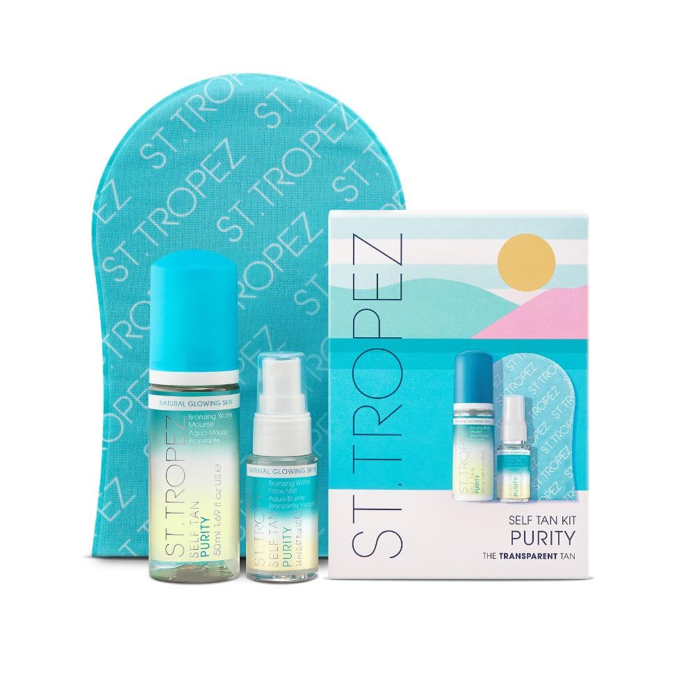 St.Tropez Purity mini kit front packaging showing both products and mitt for easy travel