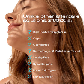 Studex solution droplet on skin illustrating gentle, non-stinging cleansing