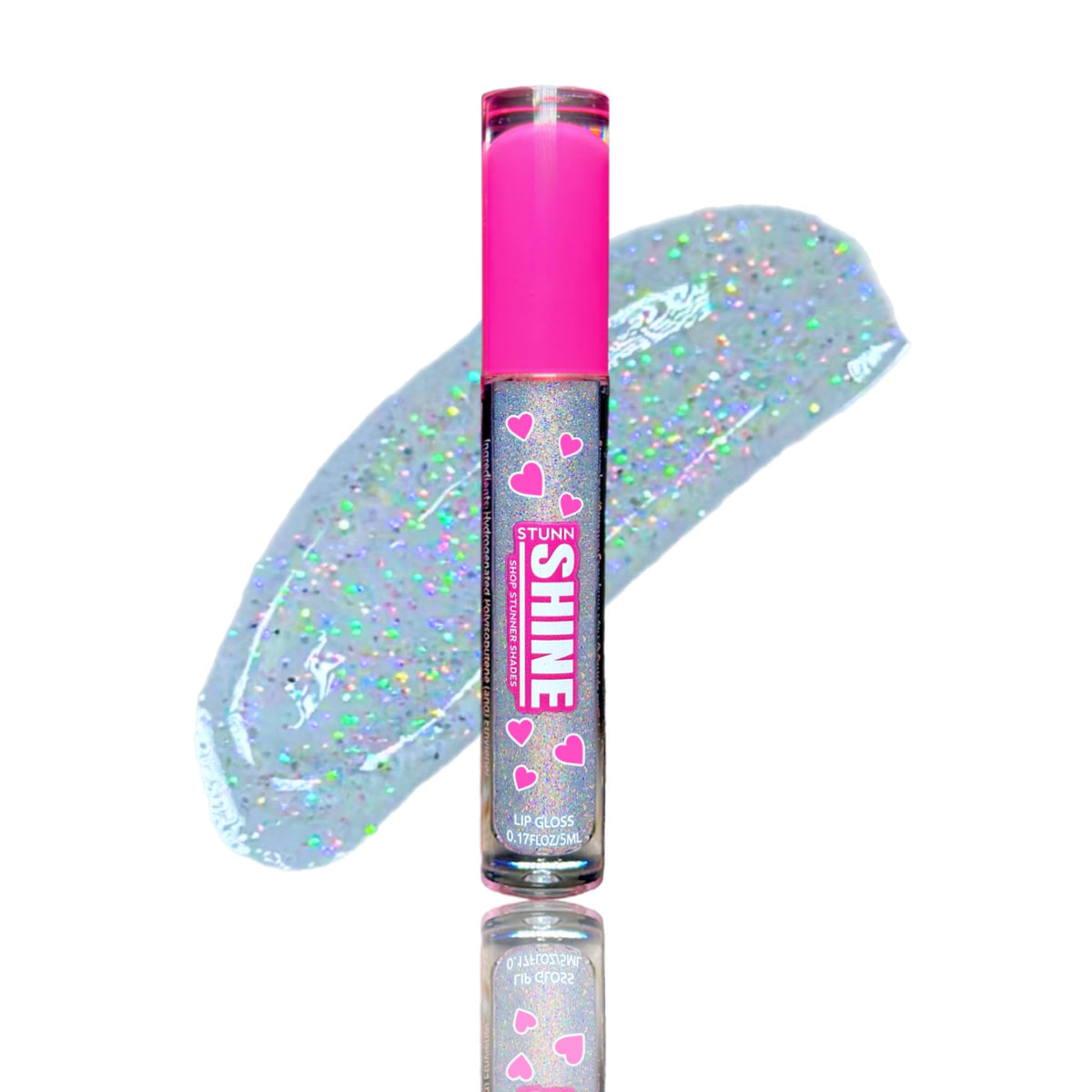 Shop Stunner Shades front packaging showing clear glittery gloss and brand