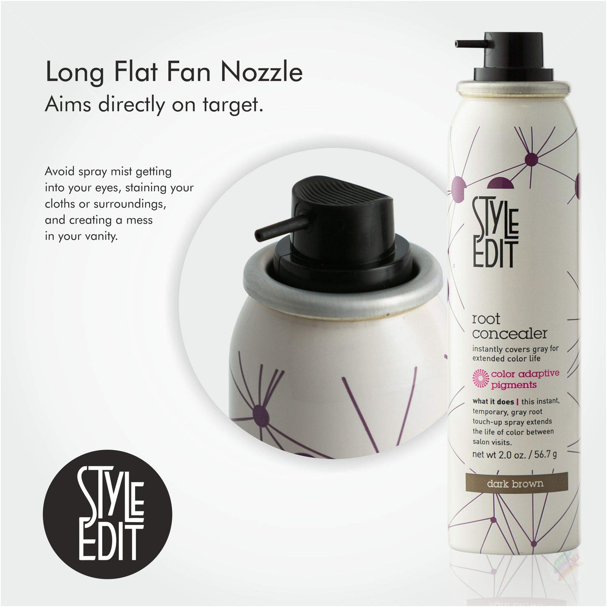 STYLE EDIT applying spray at root line to conceal gray regrowth quickly