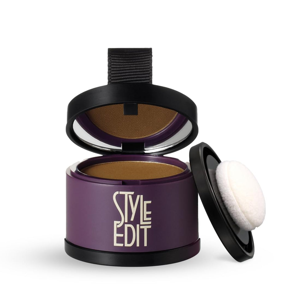 STYLE EDIT front compact showing medium brown shade and sleek packaging benefit: easy touch-ups