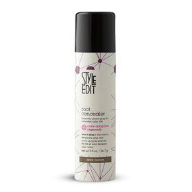STYLE EDIT front packaging showing dark brown spray and benefit of instant coverage