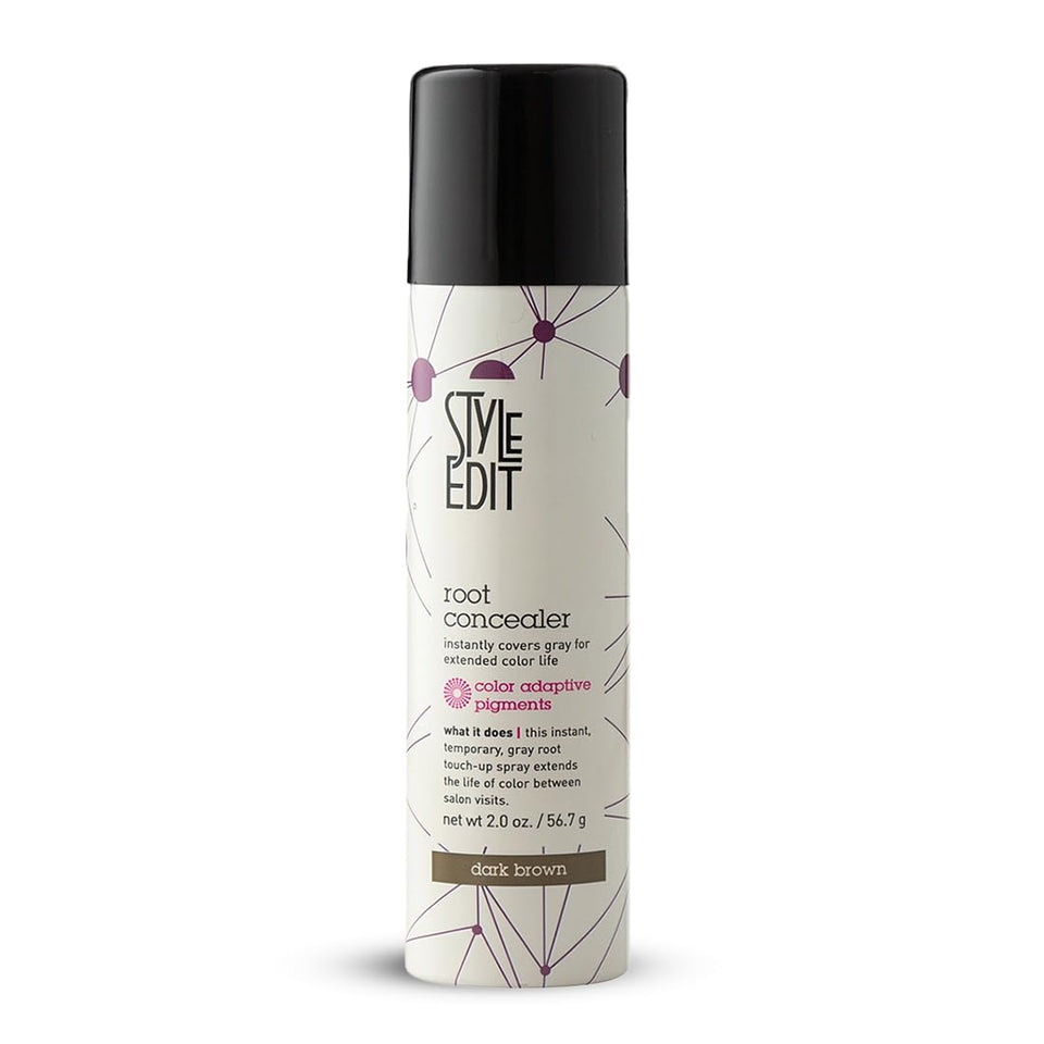 STYLE EDIT front packaging showing dark brown spray and benefit of instant coverage