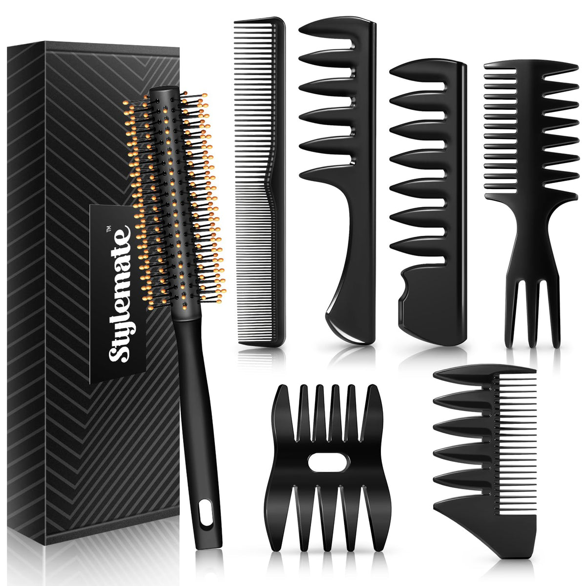 STYLEMATE front packaging showing full comb and brush set, easy grooming
