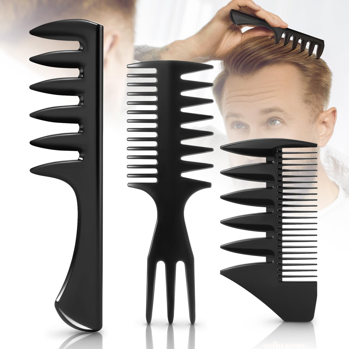 STYLEMATE comb trio front view showing three grooming tools and storage convenience