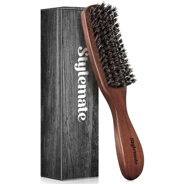 STYLEMATE front view showing walnut handle and boar bristles for durable styling