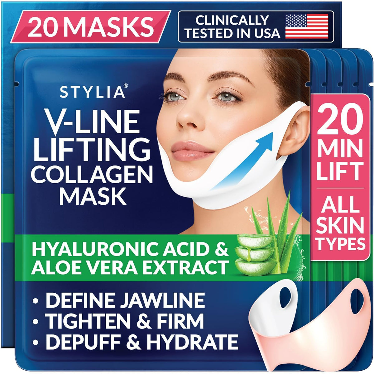 Stylia front packaging showing 20-piece V Line kit and benefits