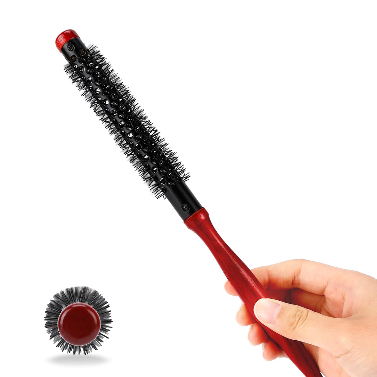 Styquenzer small round brush front view showing mahogany handle and barrel for precise styling