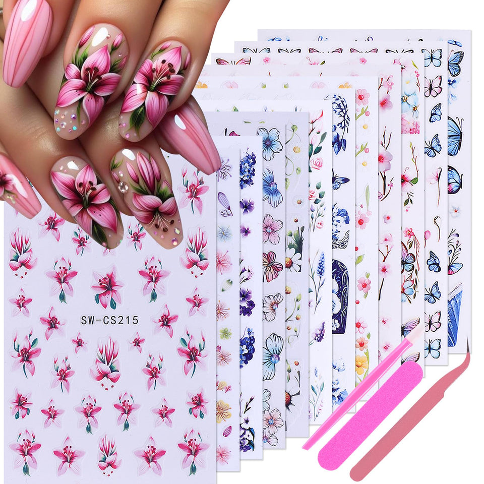 STZPRONAIL front packaging showing 12-sheet floral decal kit for easy spring nails