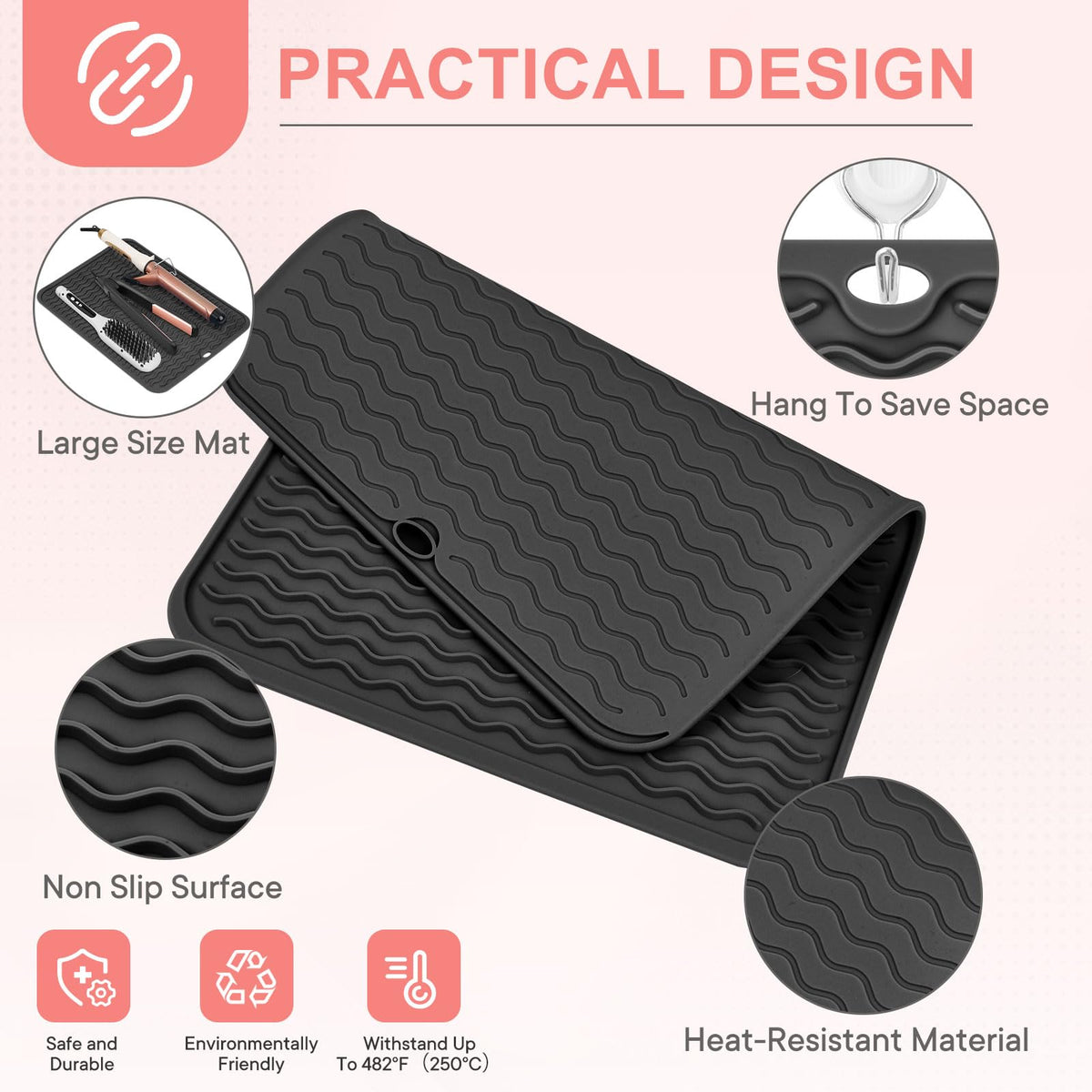 Suafrnut mat holding straightener and curling iron keeping countertop safe