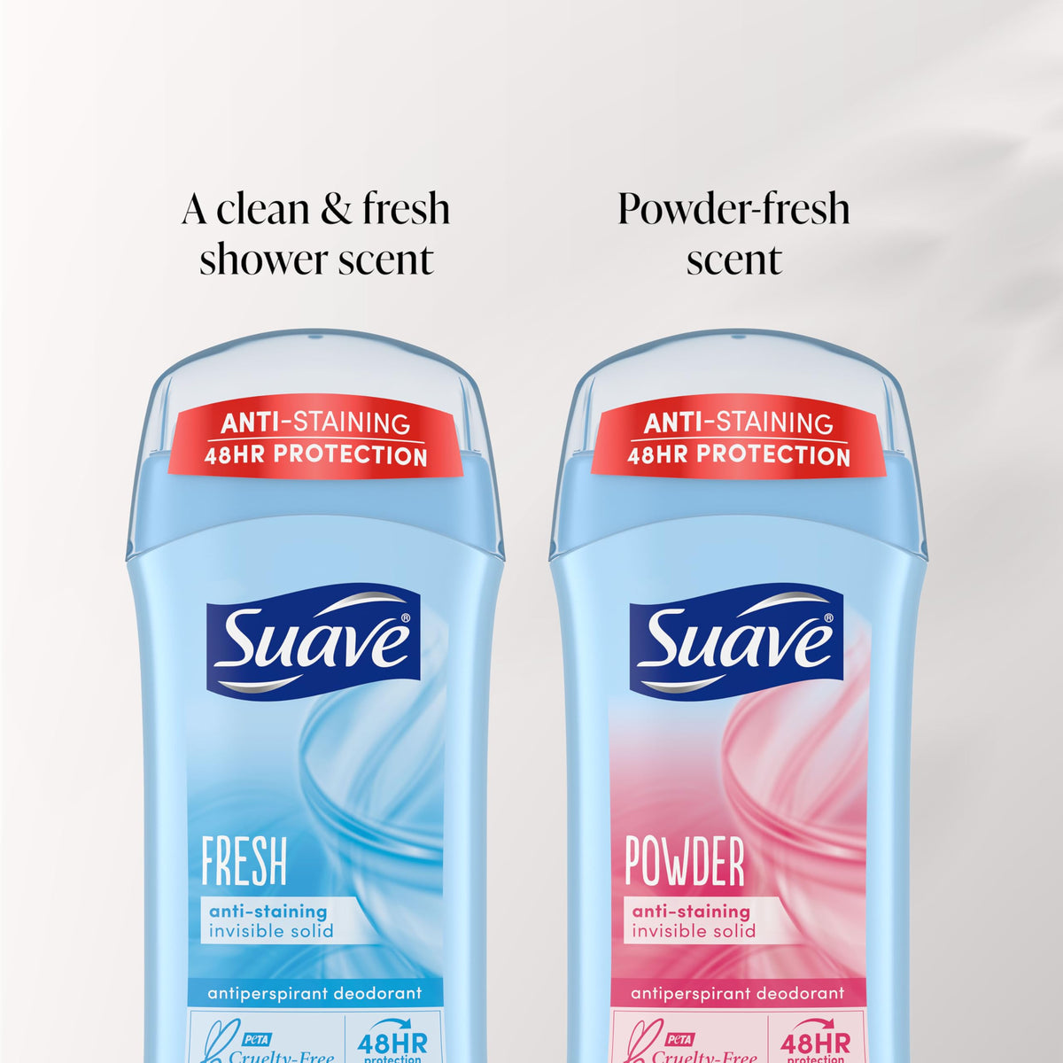 Suave deodorant being applied on arm, quick-dry protection benefit