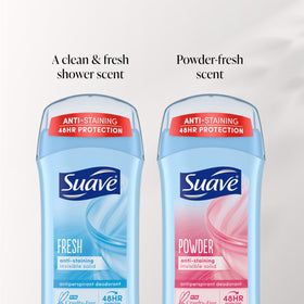 Suave deodorant being applied on arm, quick-dry protection benefit
