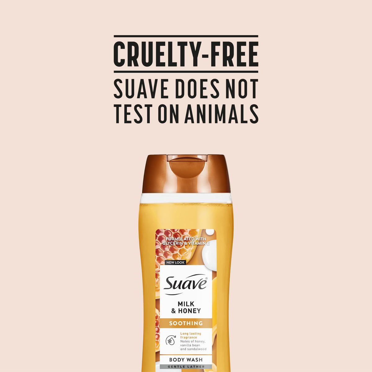 Suave bottle on bathroom shelf conveying lifestyle and scent benefit