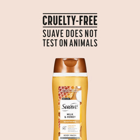 Suave bottle on bathroom shelf conveying lifestyle and scent benefit