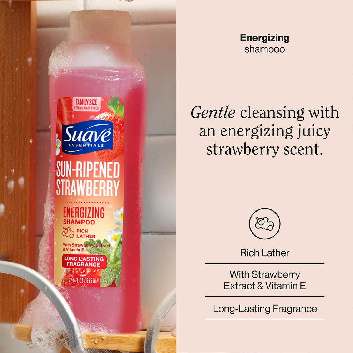 Suave bottle close-up label highlighting strawberry extract and vitamin E benefits