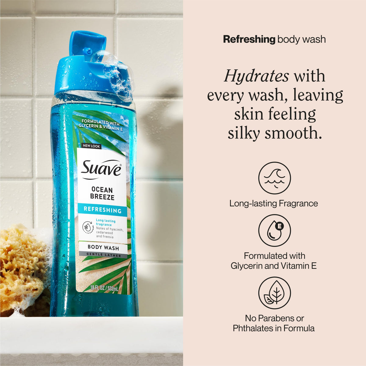 Suave label close-up highlighting glycerin and vitamin E benefits for hydration