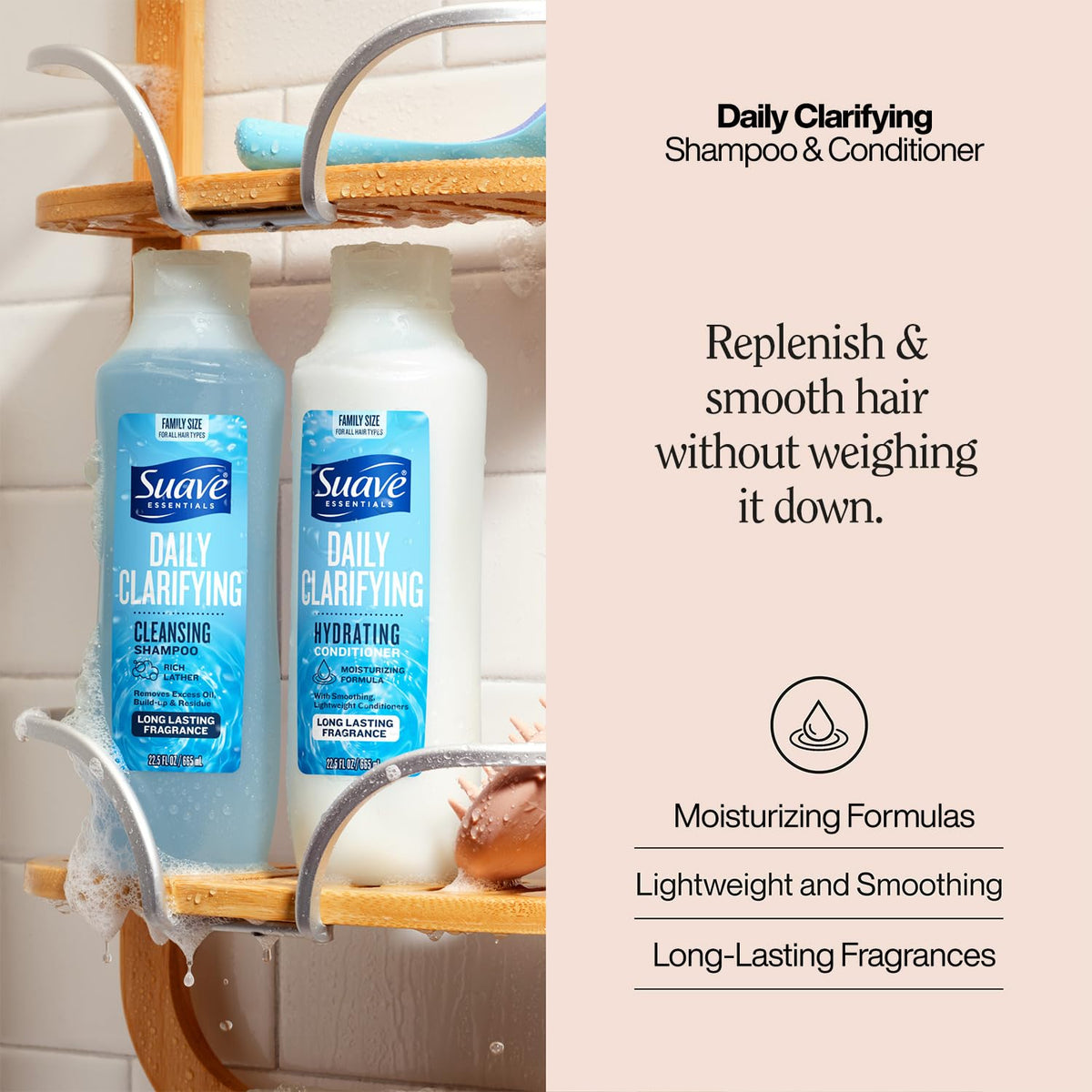 Suave clarifying shampoo label close-up highlighting gentle residue removal benefits