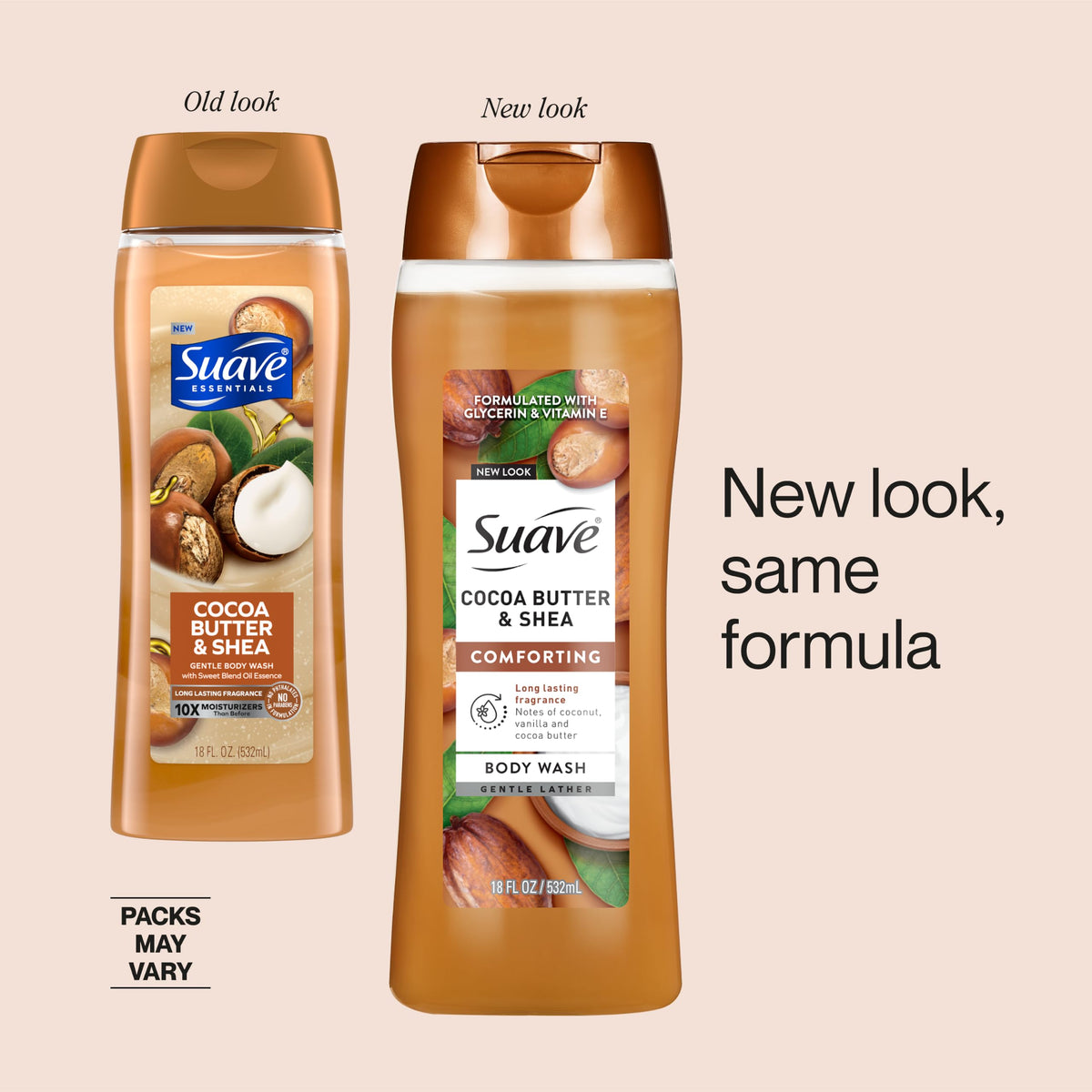 Suave bottle label detail highlighting ingredients and clean-formula reassurance