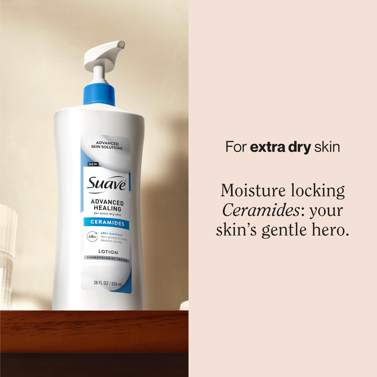 Close-up texture of Suave lotion highlighting ceramides and rich feel
