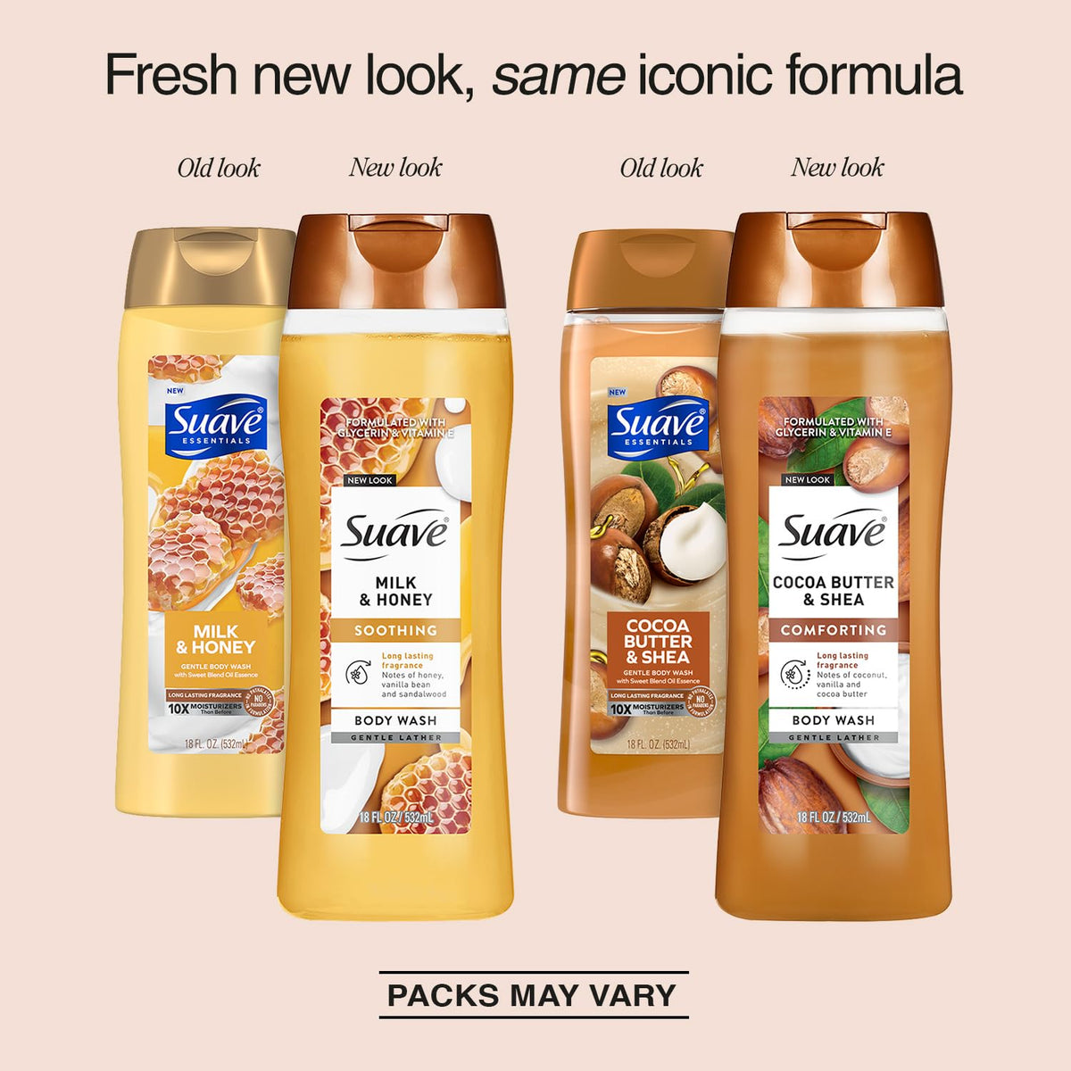 Suave Cocoa Butter & Shea front packaging highlighting rich scent and hydration
