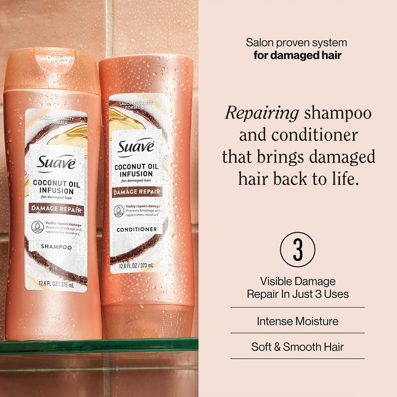 Suave coconut bottle back label displaying ingredients and usage benefits