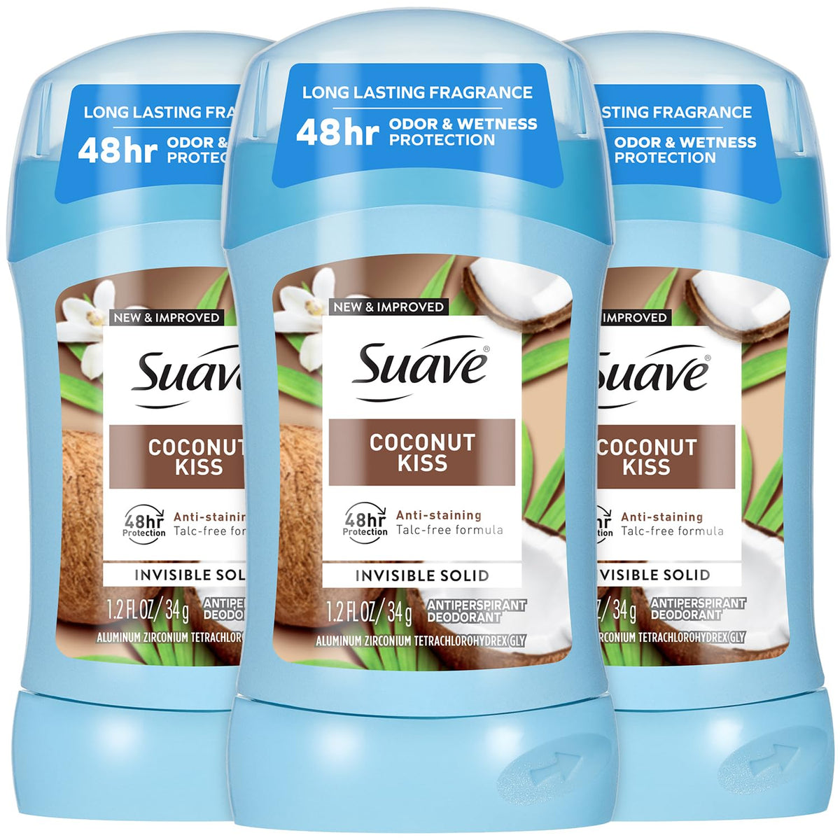 Suave Coconut Kiss front packaging showing three sticks and branding for everyday convenience