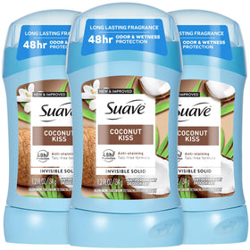 Suave Coconut Kiss front packaging showing three sticks and branding for everyday convenience