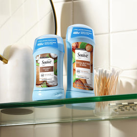Suave Coconut Kiss on a bathroom shelf indicating daily routine compatibility