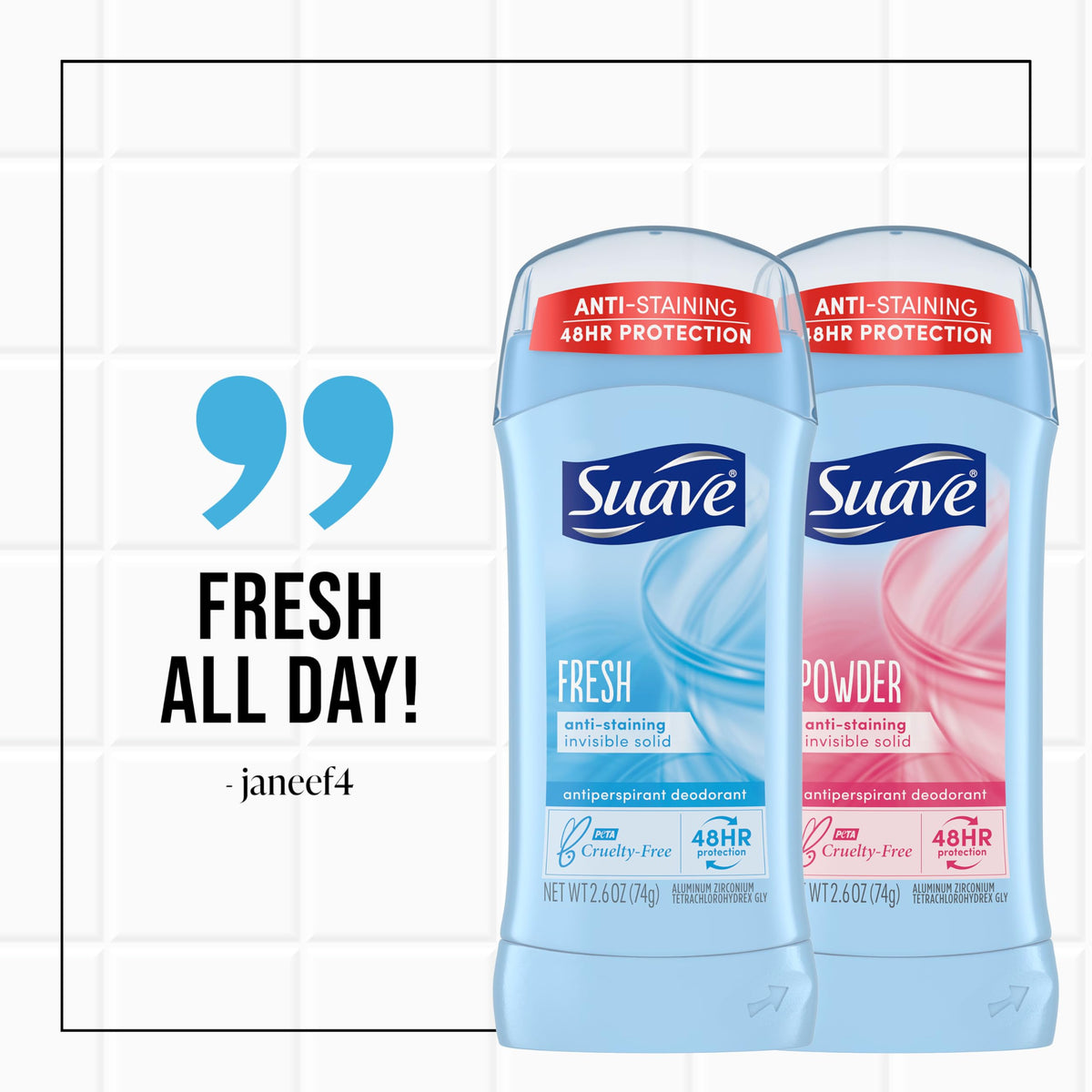 Suave packaging with Cruelty-Free PETA badge, ethical product choice benefit