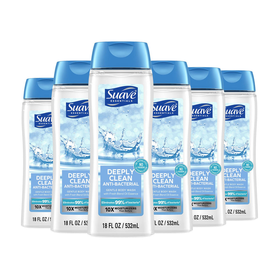 Suave bottle front packaging showing label and benefits for clean skin
