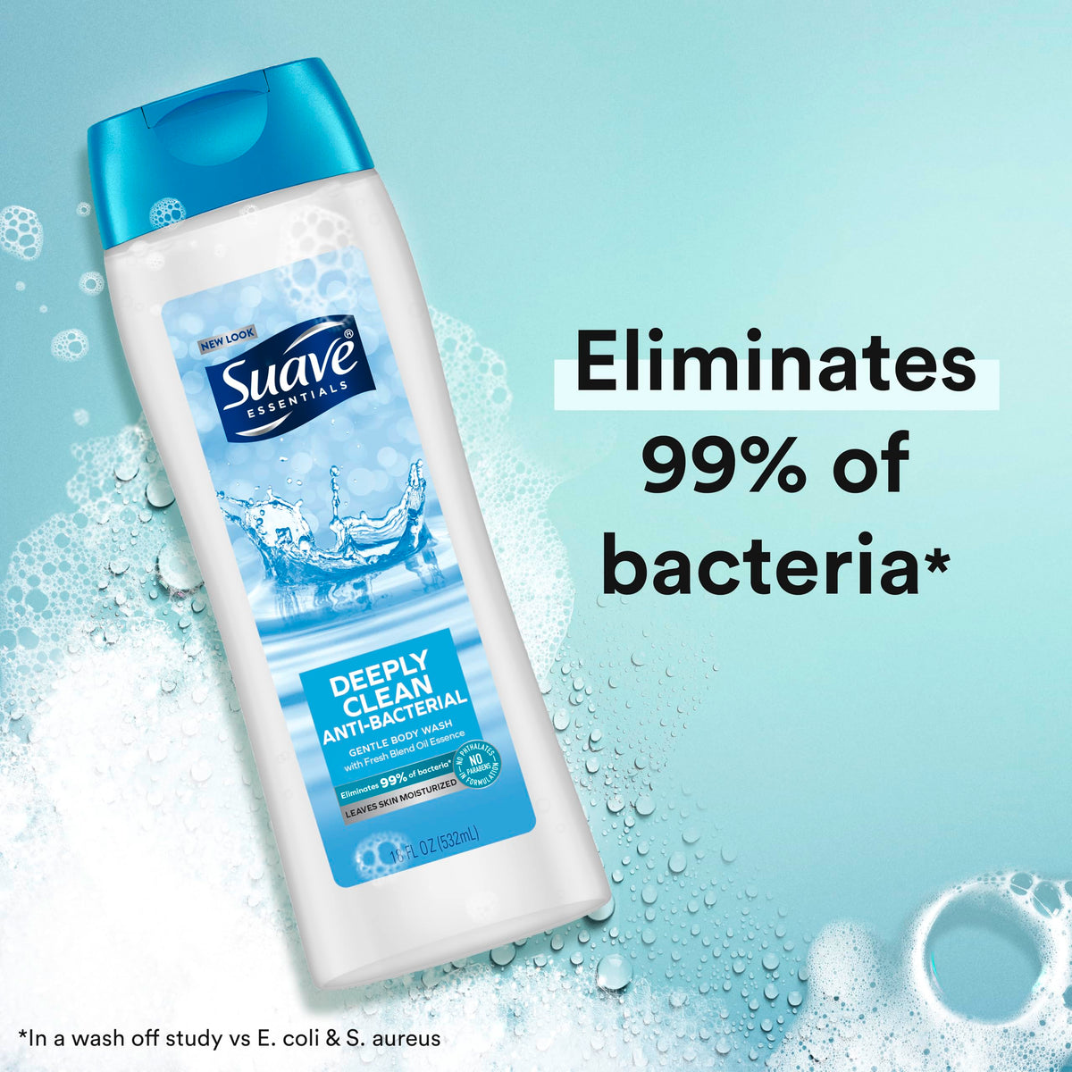 Person using Suave body wash in shower showing fresh scent confidence