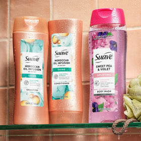 Suave shampoo and conditioner in bathroom setting showing everyday shine benefit