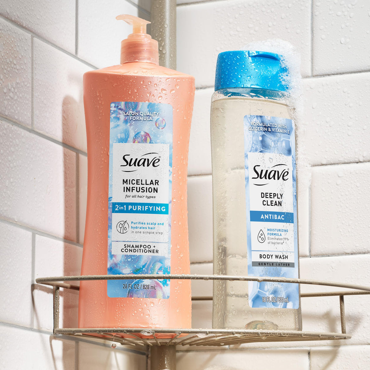 Suave family bathroom multi-pack display showing four-count convenience benefit