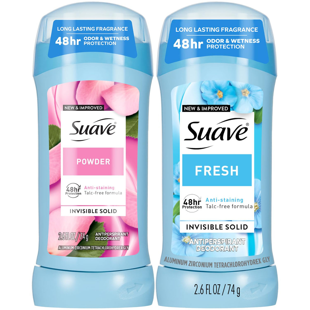 Suave front packaging showing Fresh and Powder sticks and benefits