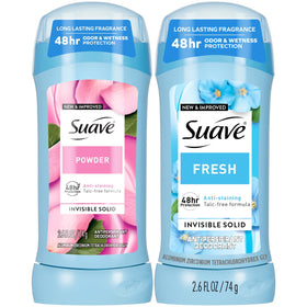 Suave front packaging showing Fresh and Powder sticks and benefits