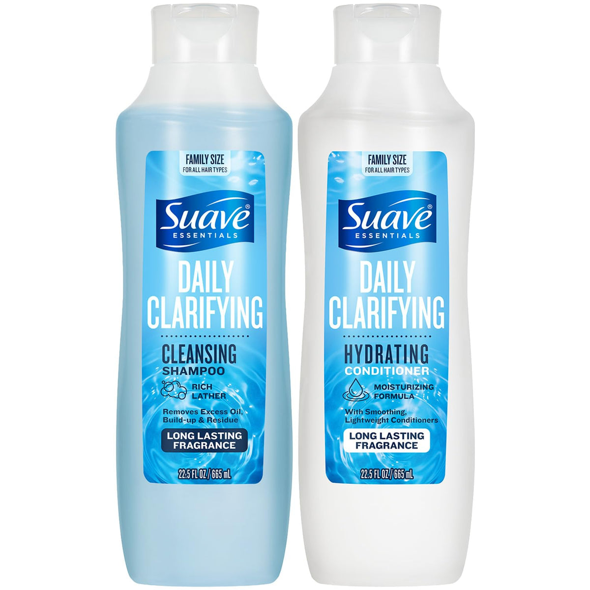 Suave front packaging of clarifying and hydrating set shows generous sizes and benefits