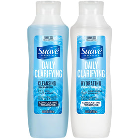 Suave front packaging of clarifying and hydrating set shows generous sizes and benefits