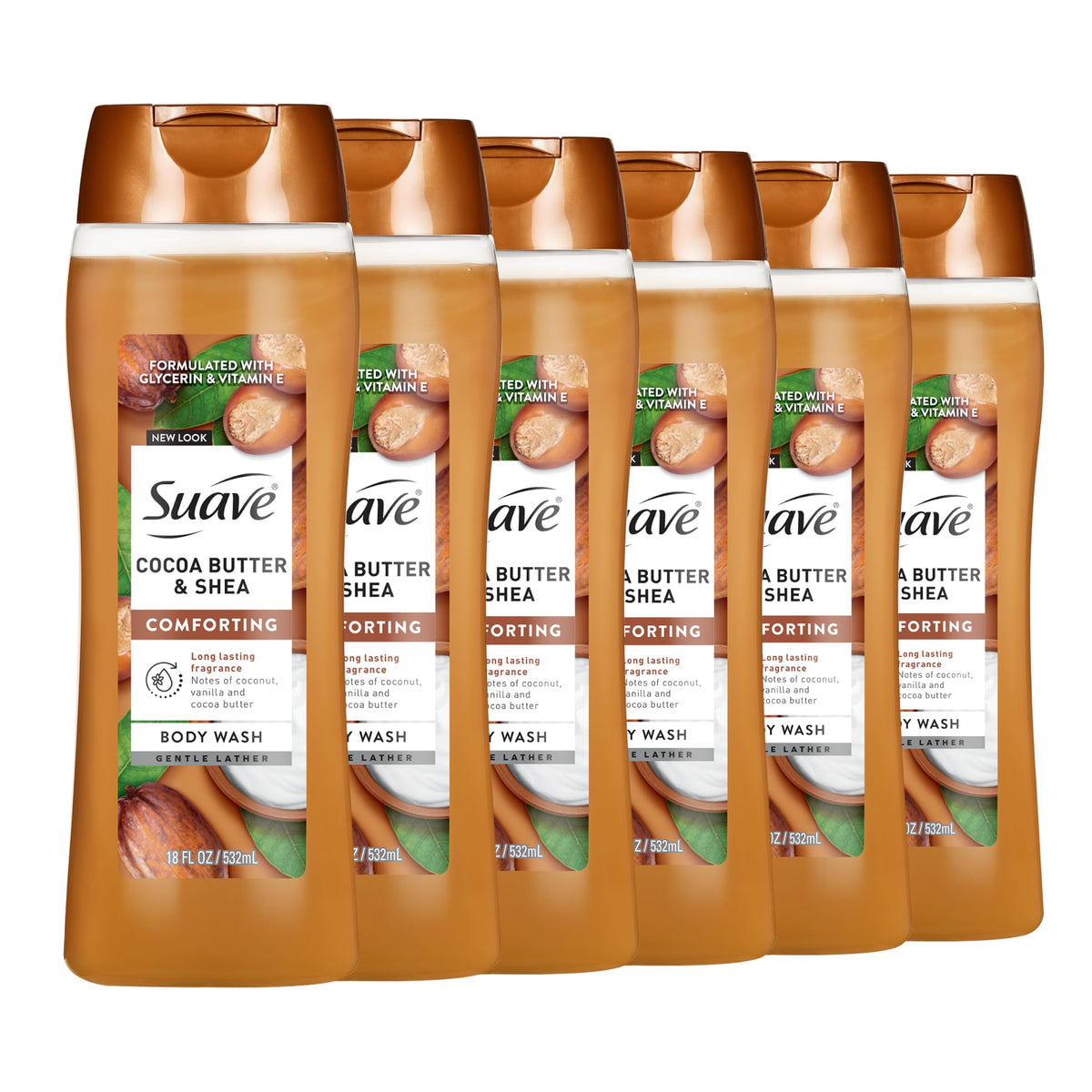 Suave front packaging showing cocoa butter and shea for comforting hydration