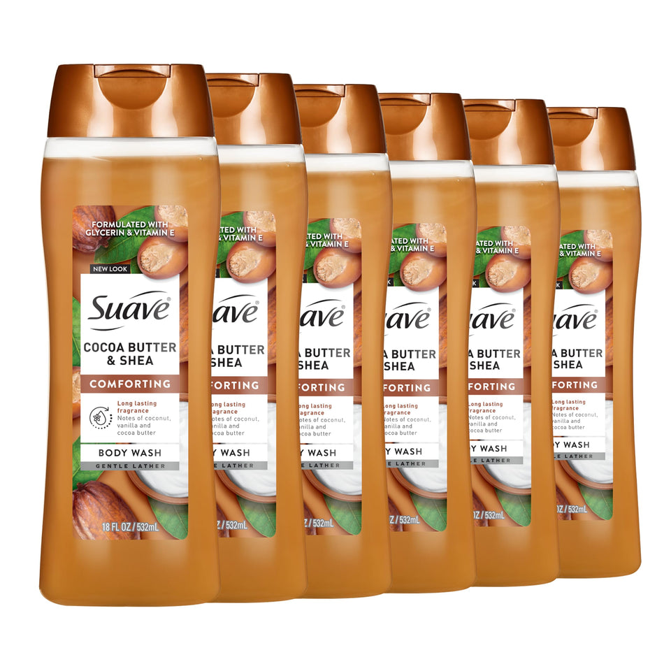Suave front packaging showing cocoa butter and shea for comforting hydration