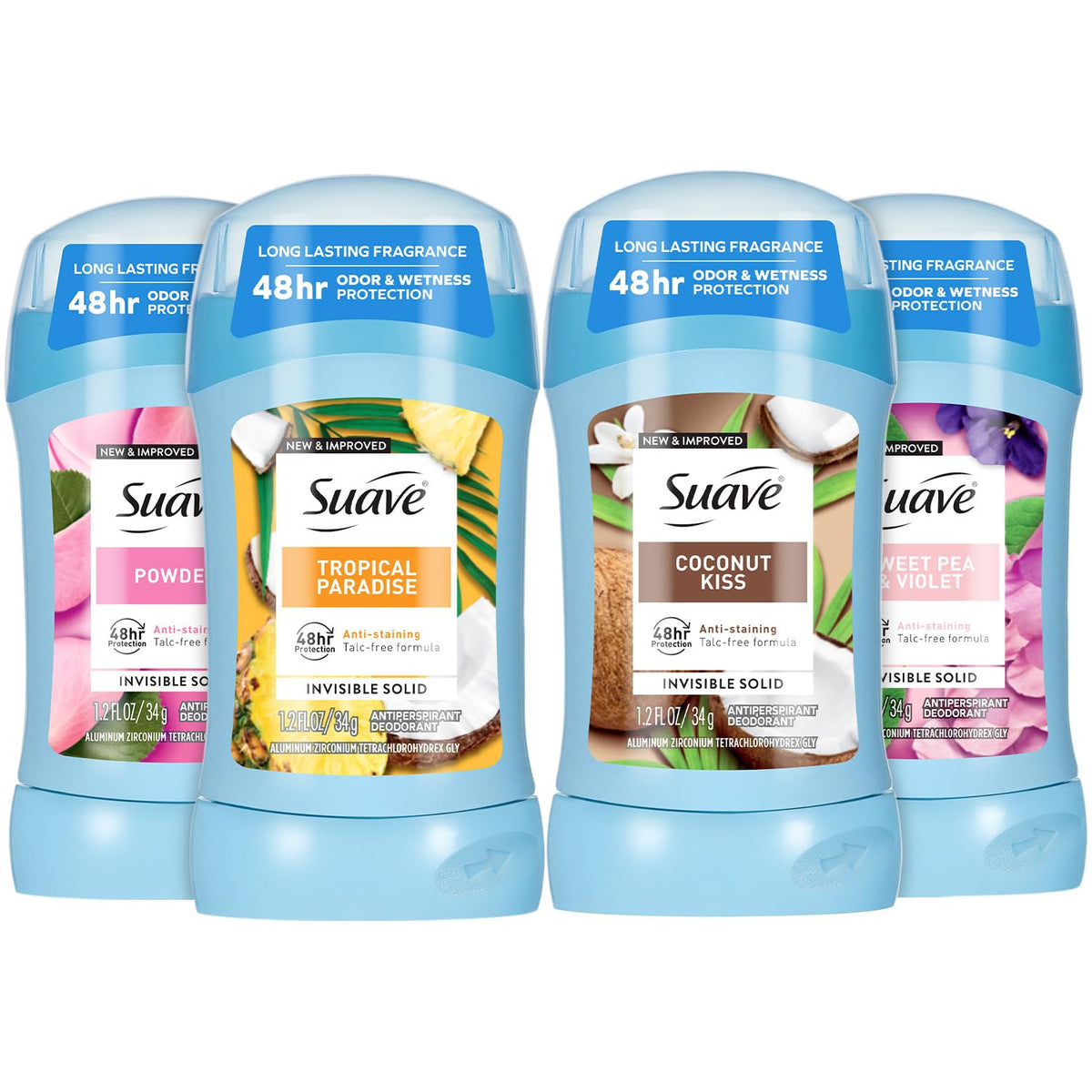 Suave front packaging four-pack showing scents and benefits