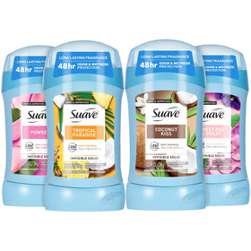 Suave front packaging four-pack showing scents and benefits
