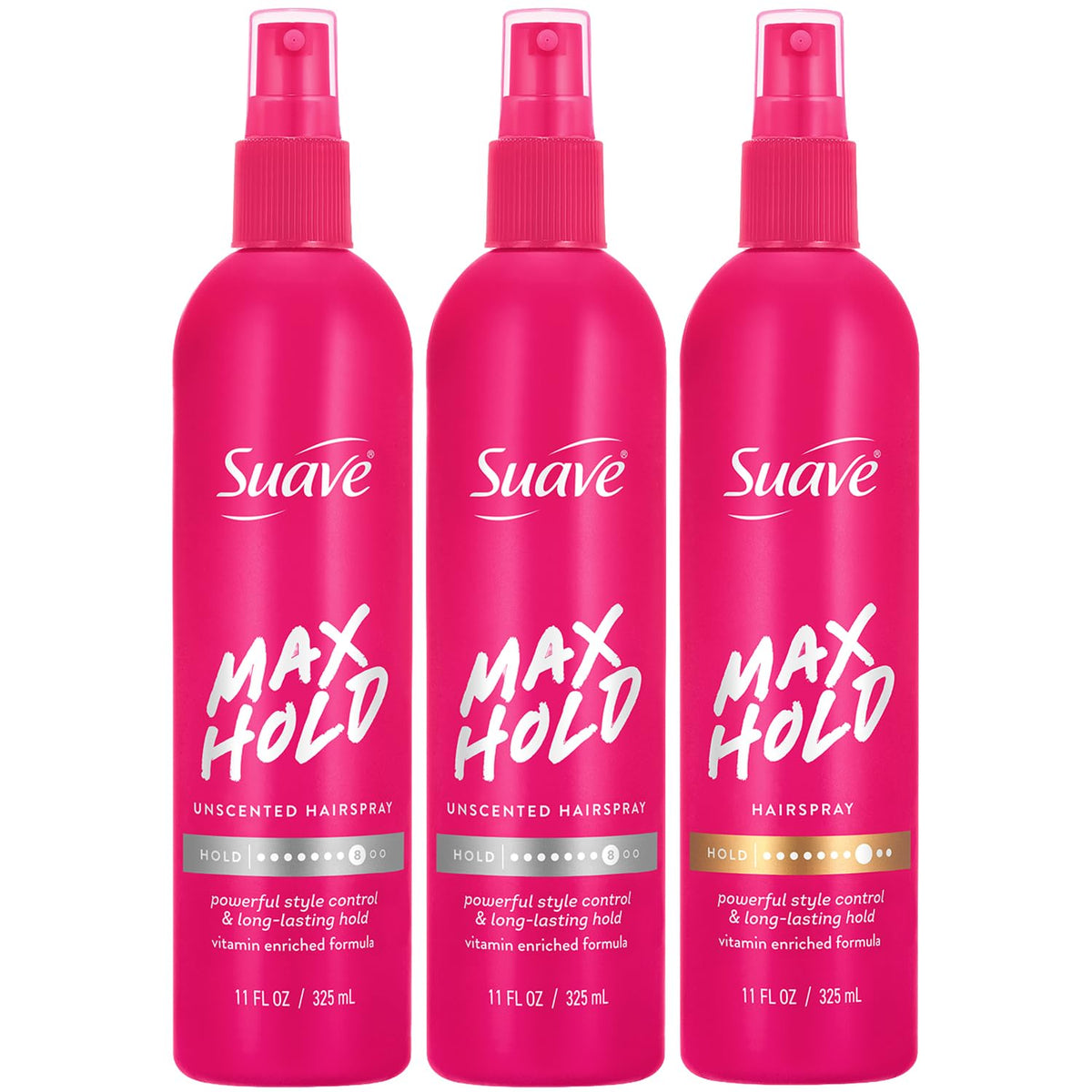 Suave front packaging showing max hold non‑aerosol bottle and clear styling benefit