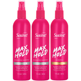 Suave front packaging showing max hold non‑aerosol bottle and clear styling benefit