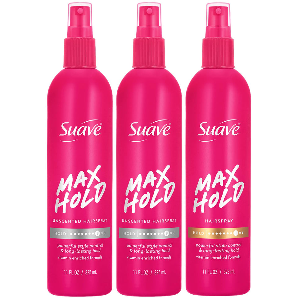 Suave front packaging showing max hold non‑aerosol bottle and clear styling benefit