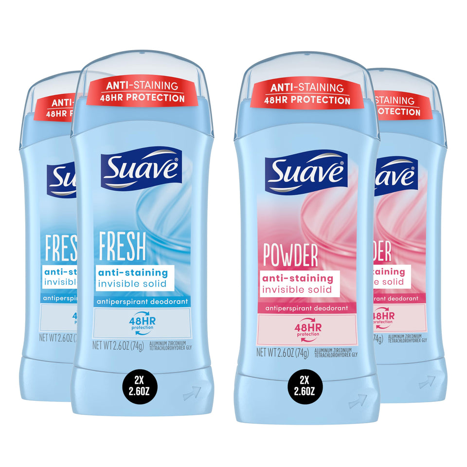 Suave front packaging showing Powder and Fresh bundle, convenient multi-pack benefit